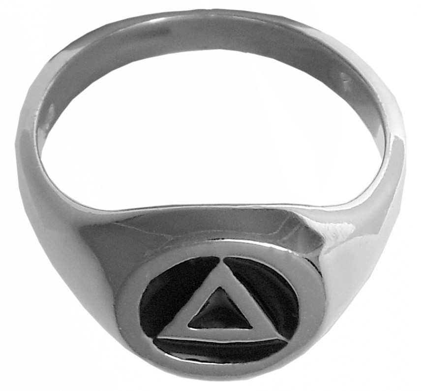 Sterling Silver Aa Symbol Circle Triangle Signet Ring With Black Enamel Inlay